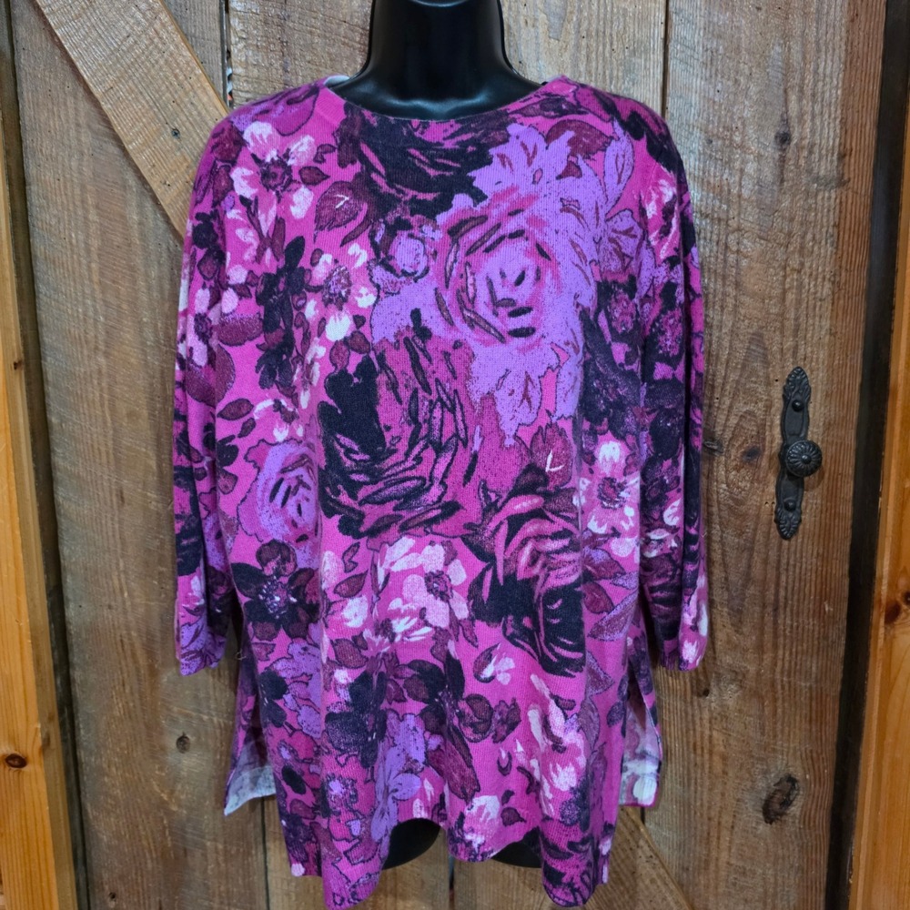 Talbots Audrey Cashmere Sweater Floral Pink Purple Crew Neck Plus Petite READ